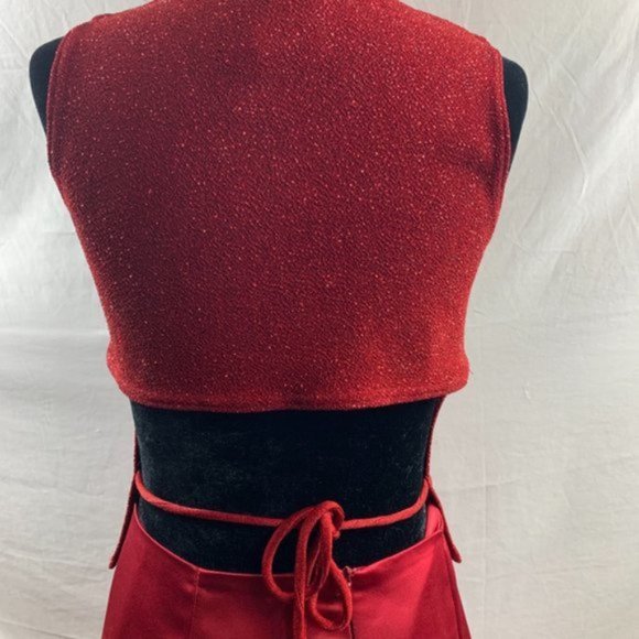 Burgundy  Evening Satin Skirt And Open Tie Back Glitter Top - Picture 5 of 5